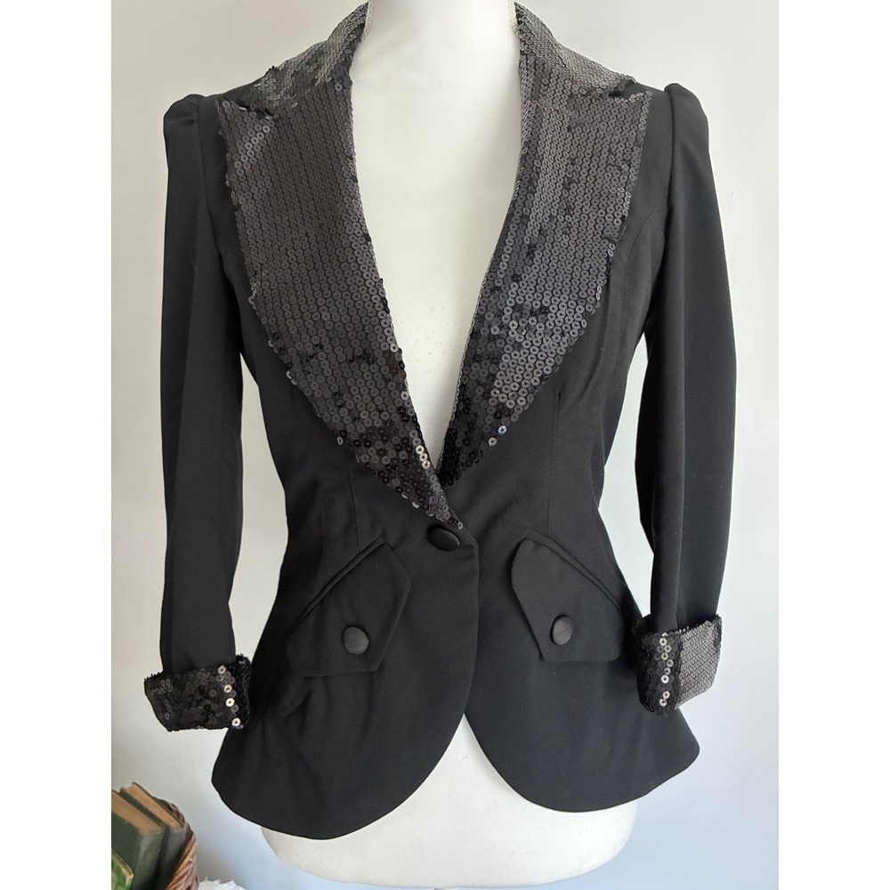 Black Sequin Blazer Women Size Small Stretch Tuxedo Jacket - Picture 6 of 10